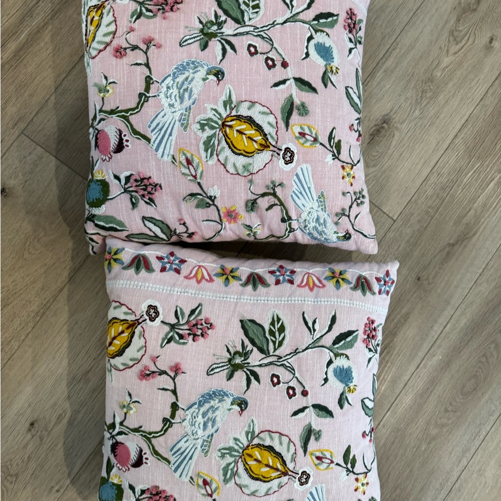 18” Crewel Embroidered Decorative Two Pillow Pink With Birds Floral Pomegranate